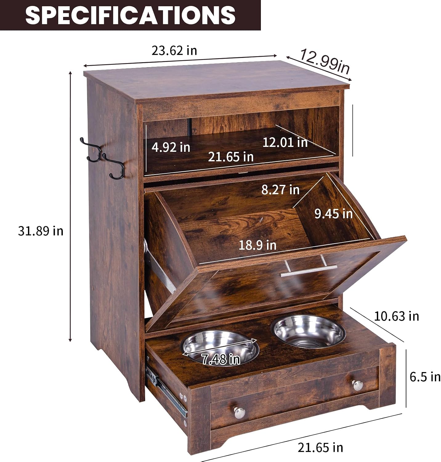 Dog Feeding Station with Storage,Pet Feeding Station Food Storage Cabinet with 2 Elevated Dog Bowls for Water and Feeding Supplies,Dog & Cat Storage Organizer with Drawer,Brown