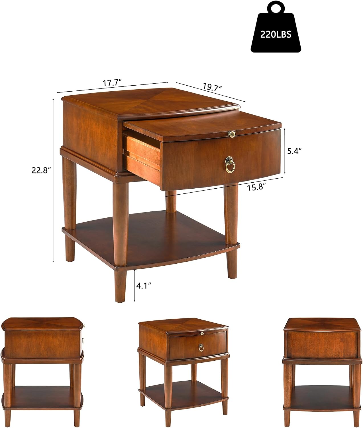 Farmhouse End Side Table Set of 2 with Pull-Out Tray And Storage Drawer, Sofa Beside Tables, Nightstand, No-Tools Assembly 17.7'L x 19.7'W x 22.8'H for Living Room, Caramel Brown CJZ-A1569-MG