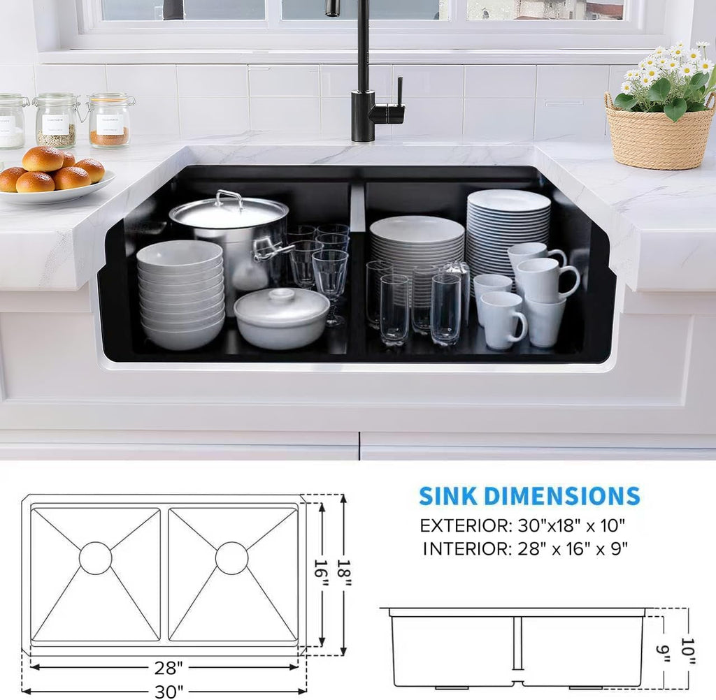 LQS Black Stainless Steel Kitchen Sink, 30 Inch Undermount Kitchen Sink, 50/50 Black Undermount Kitchen Sink with 10' Depth, X-Shaped Drain Line, Dual Mount Design and Round Corner