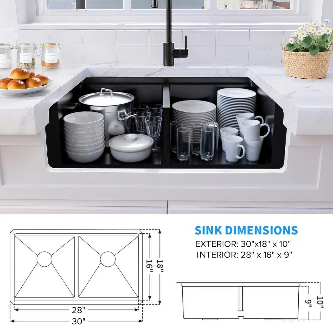 LQS Black Stainless Steel Kitchen Sink, 30 Inch Undermount Kitchen Sink, 50/50 Black Undermount Kitchen Sink with 10' Depth, X-Shaped Drain Line, Dual Mount Design and Round Corner