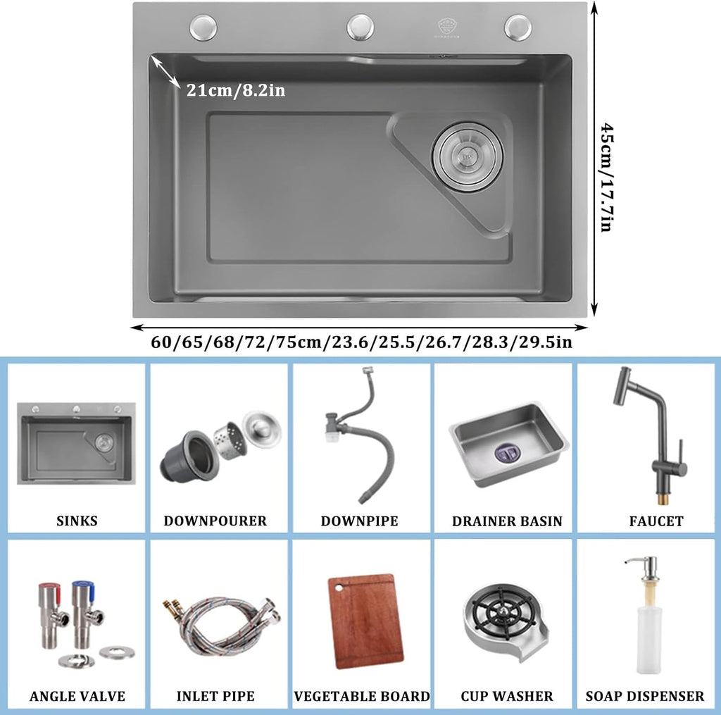 304 Stainless Steel Single Bowl Kitchen Sink Multifunctional Bar Sink RV Sink with Faucet and Cup Washer Top Mount Or Undermount (Color : Gun Gray, Size : 60x45x21cm)