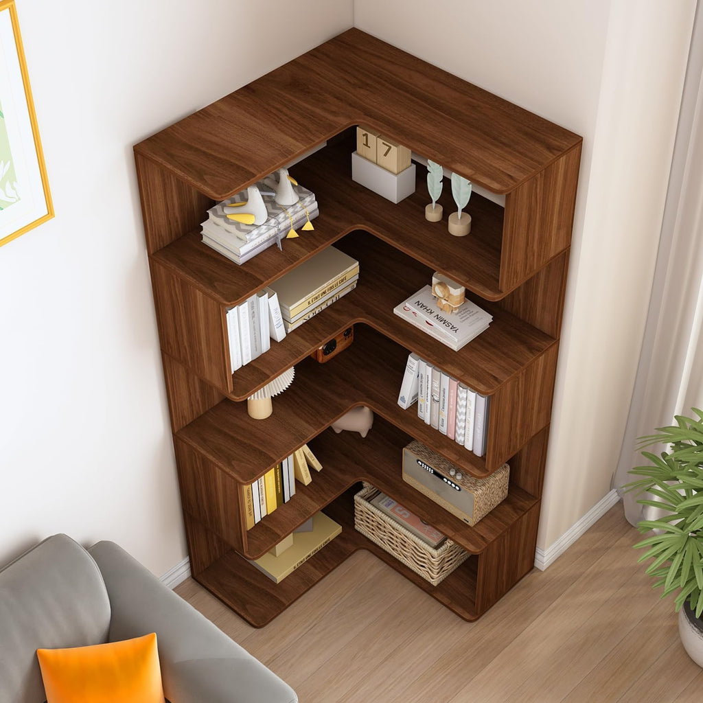 IOTXY 6-Tier L-Shaped Corner Bookshelf - 66' Tall Wooden Freestanding Bookcase with Open Shelf Units, Walnut