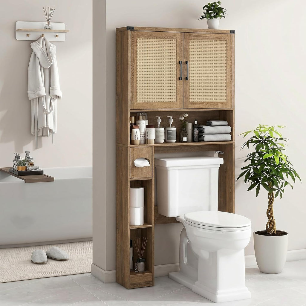 Vabches Over The Toilet Storage Cabinet, Farmhouse Storage Cabinet Over Toilet with 2 Rattan Barn Doors & Home Space-Saving Toilet Rack, for Bathroom, Restroom, Laundry. Rattan