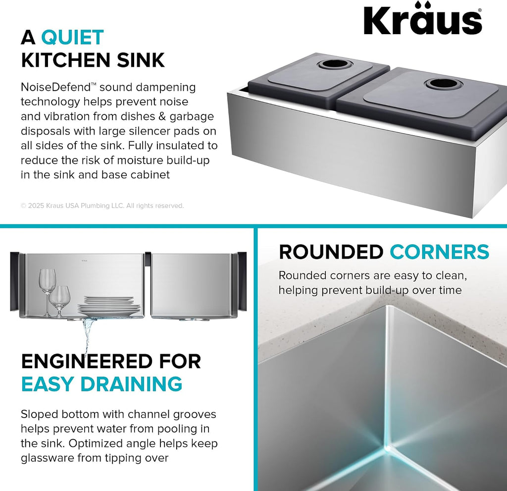 Kraus KHF203-36 Standart PRO Kitchen Stainless Steel Sink, 36 Inch Round Apron 60/40 Double Bowl