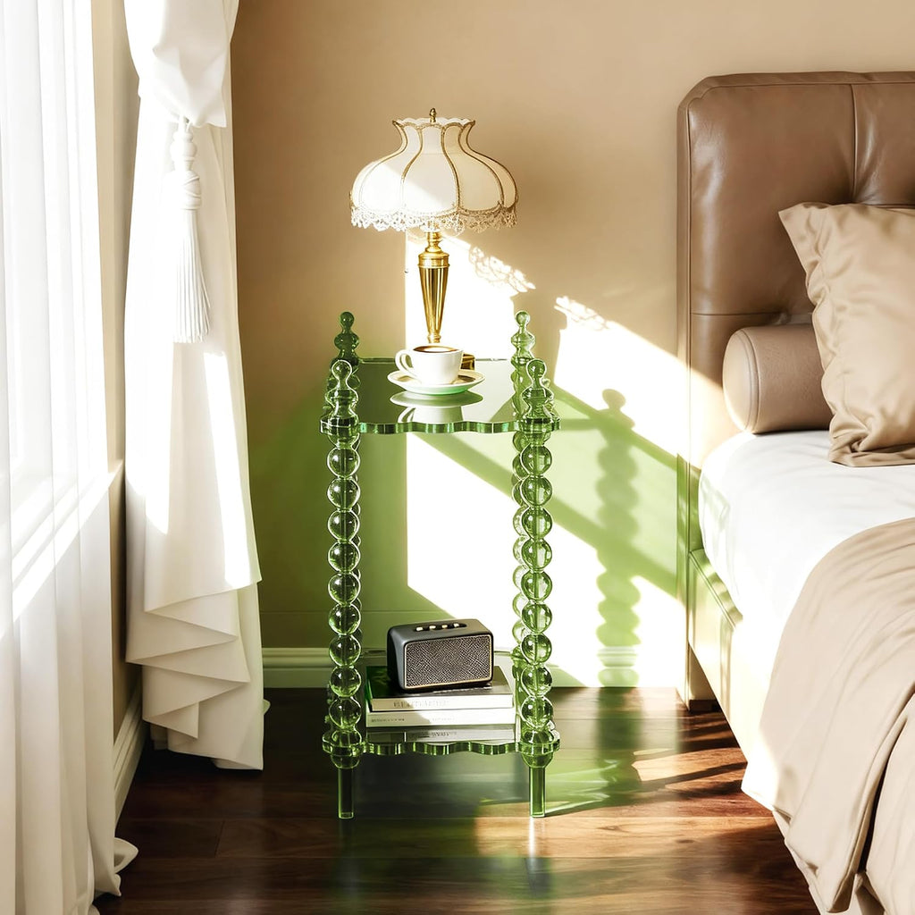 Acrylic Side Table 2-Tier, Clear Nightstand with Storage, Narrow Bedside End Table for Small Spaces (Green, 20.6'×10.4'×26')