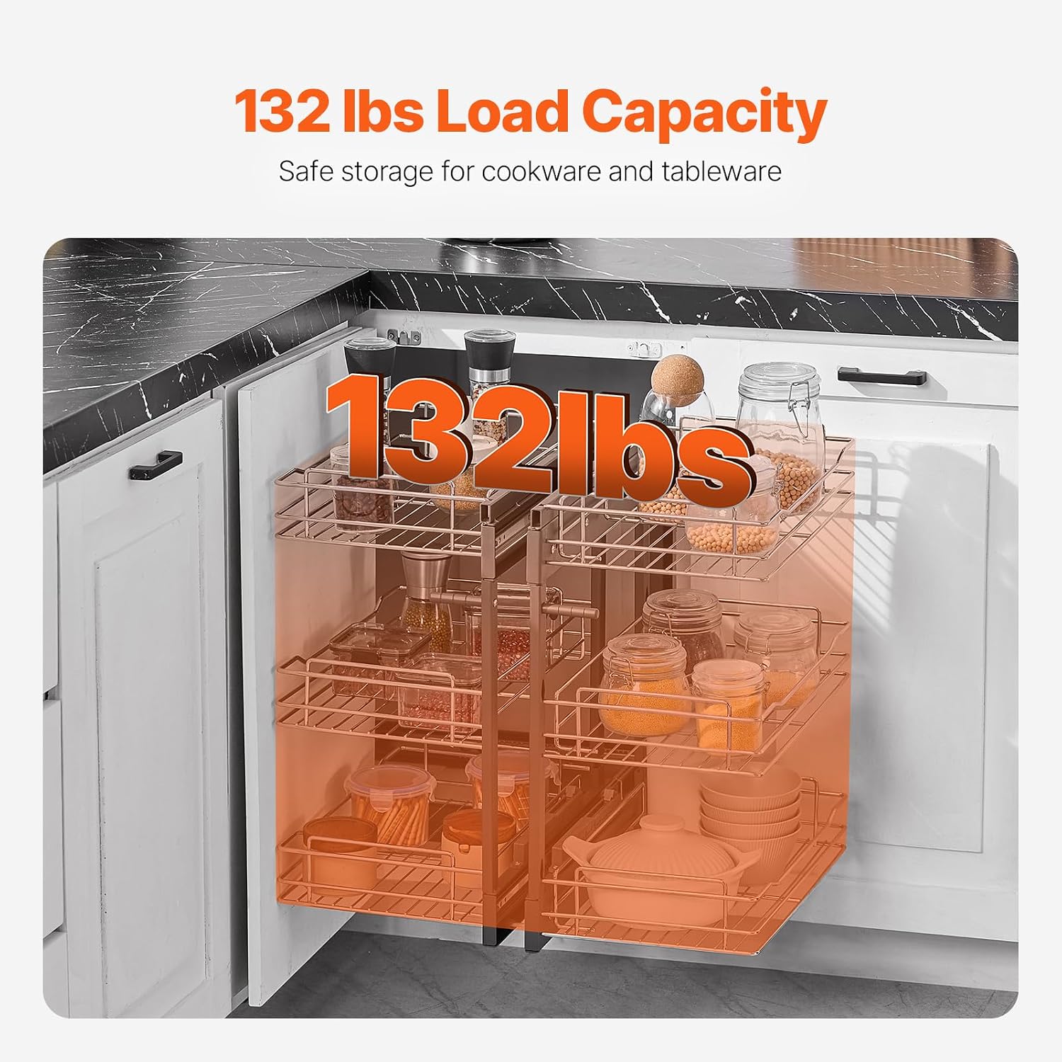 VEVOR 3 Tier 6 Shelf Chrome Carbon Steel Kitchen Cabinet Organizer, Slide Out Storage, Space Saving, Silver, For 15' Width, Food, Jars, Cans, Cookware, Pans, Mugs