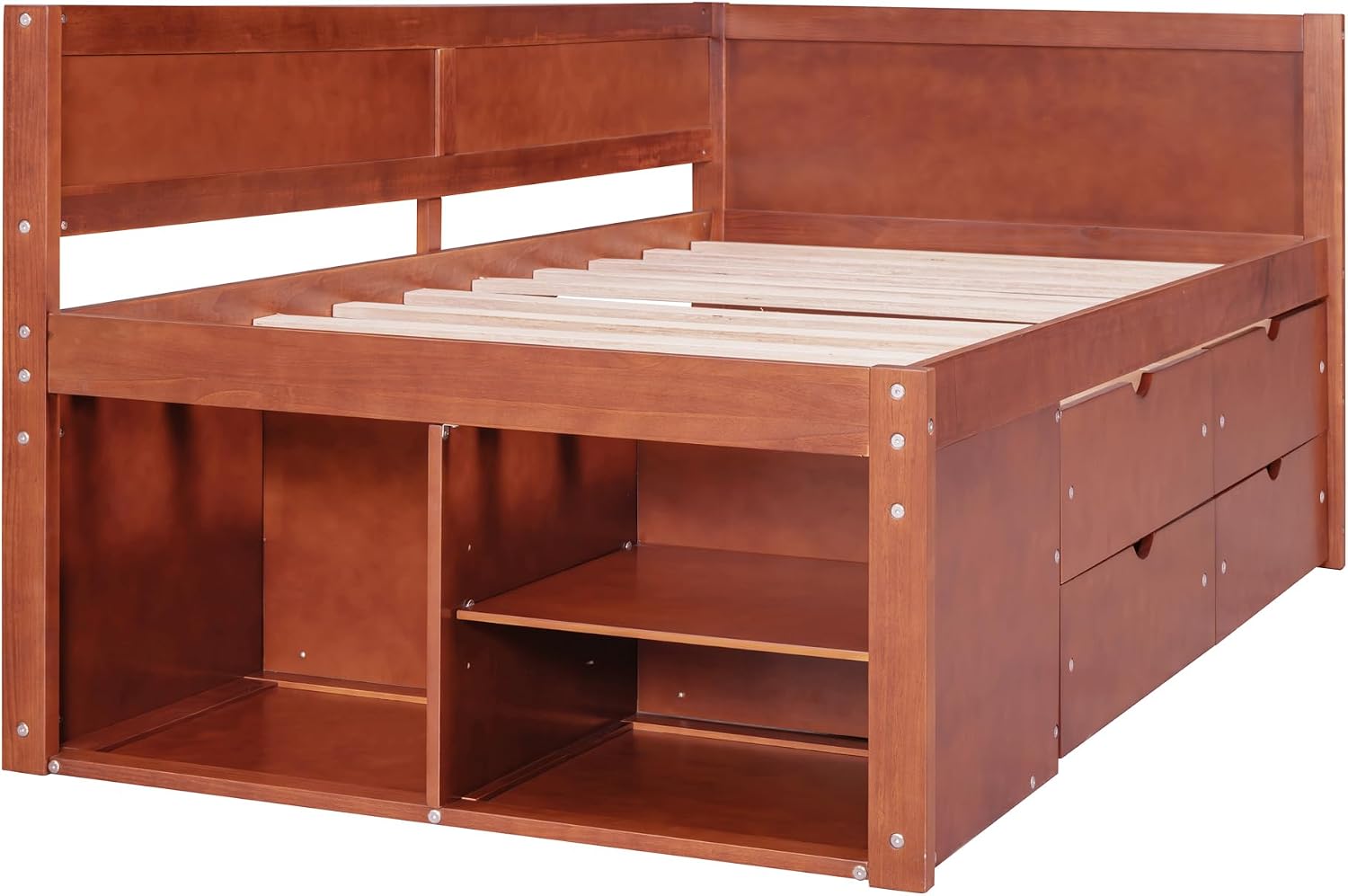 Harper & Bright Designs Twin Corner Bed Frame with Drawers and Shelves,Wood Daybed with L Shape Heaboard,Floor Storage Platform Bed Frame for Bedroom Living Room,Walnut