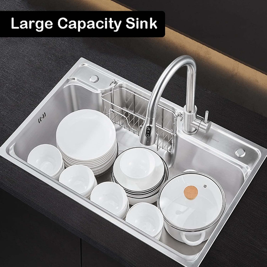80x48cm Stainless Steel Kitchen Sink, Single Bowl Kitchen Sinks, Top Mount Kitchen Sink Drop-in, 3-Hole Farmhouse Workstation Sink for Laundry, Yard, Office(70x48cm