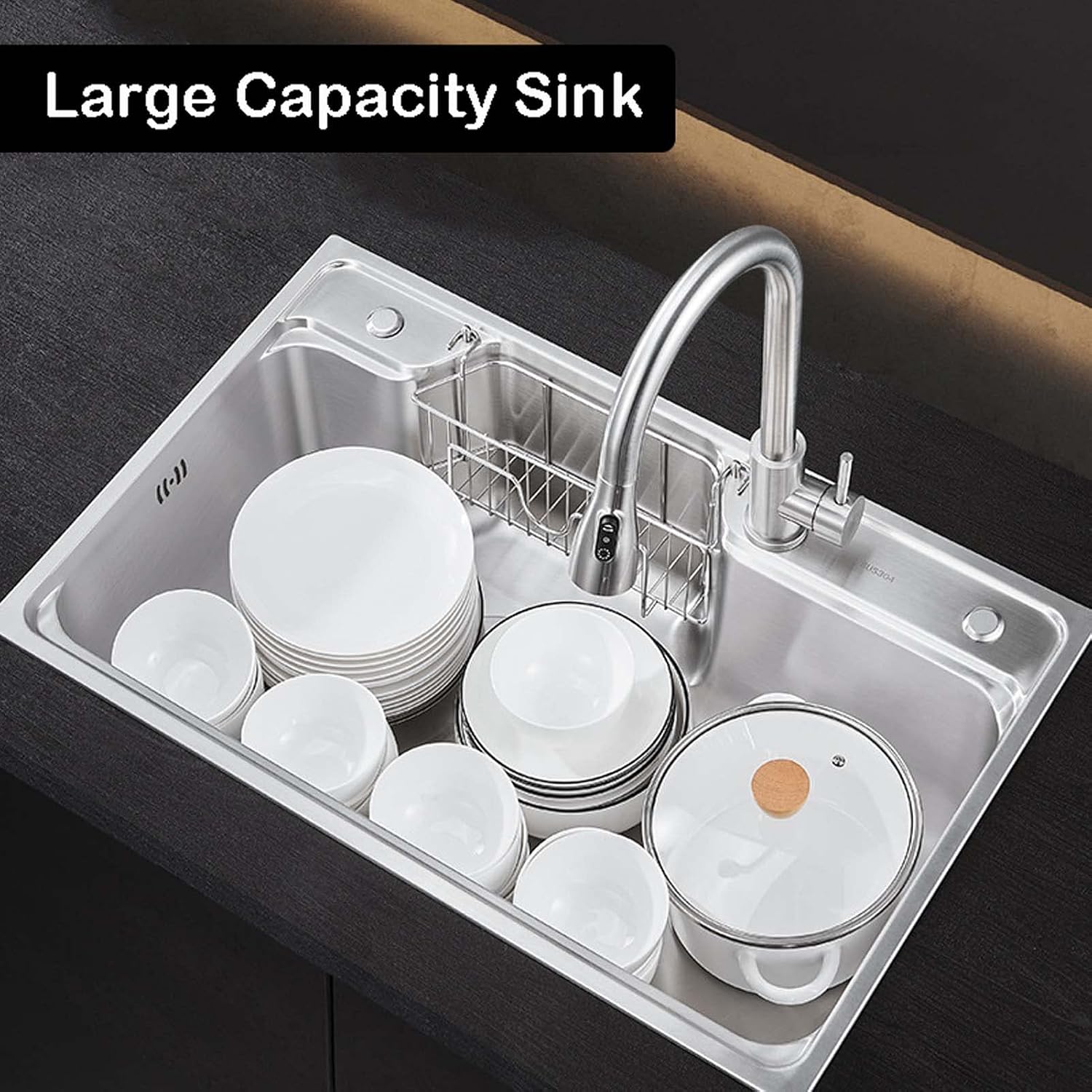 80x48cm Stainless Steel Kitchen Sink, Single Bowl Kitchen Sinks, Top Mount Kitchen Sink Drop-in, 3-Hole Farmhouse Workstation Sink for Laundry, Yard, Office(70x48cm