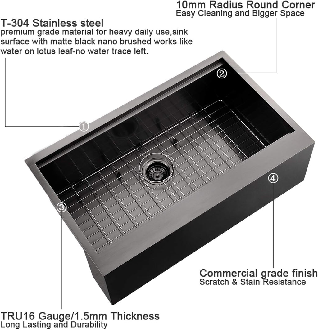 33 Inch Black Farmhouse Kitchen Sink - VOKIM 33x22 inch Flat Apron Front Farmhouse sink Workstation 16 Gauge Stainless Steel Single Bowl Farm Kitchen Sink