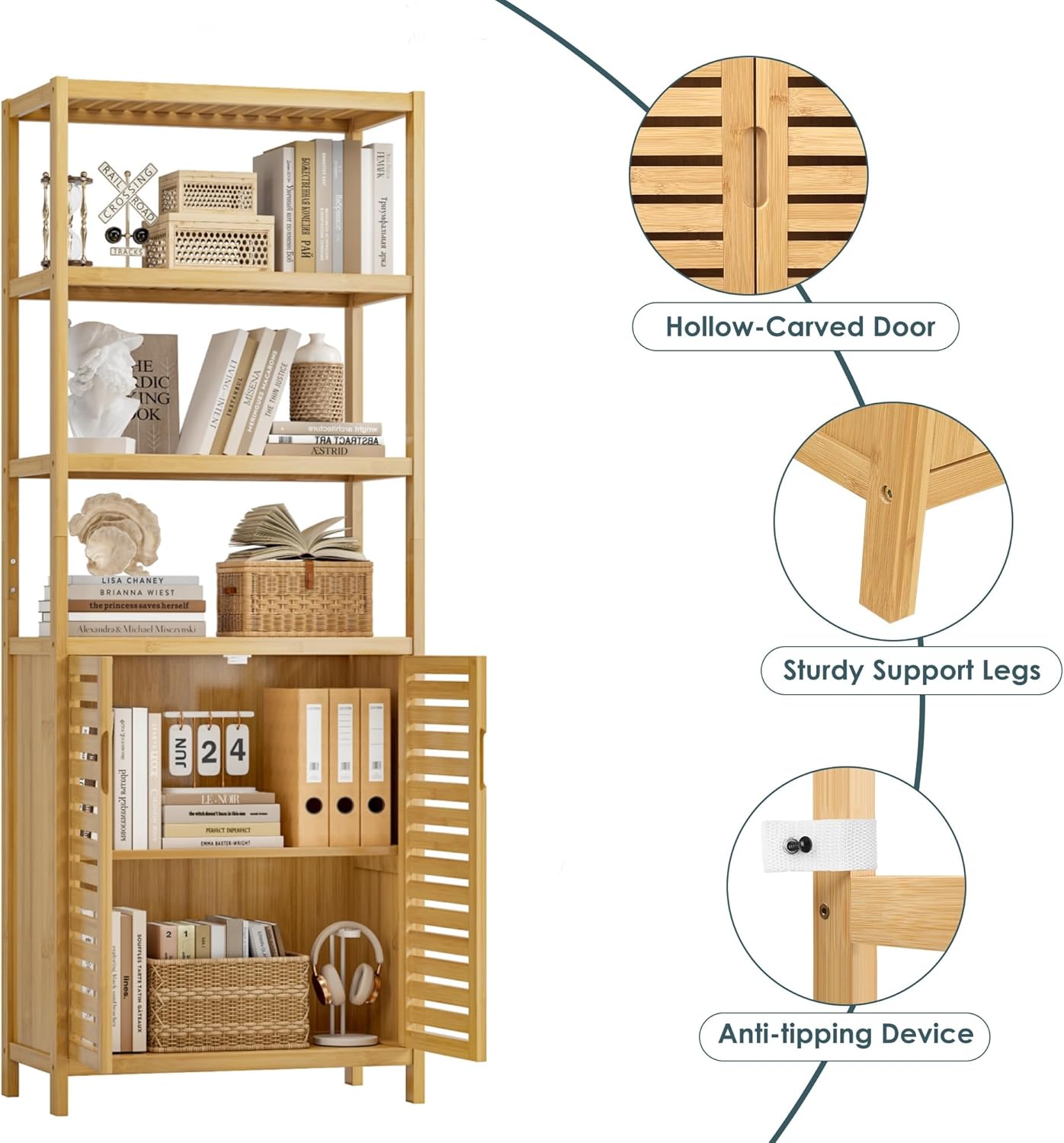 HIFIT 2 Set Tall Shelf Unit Bamboo Storage Cabinet with Doors, 5-Tier Bookshelves and Bookcases with Storage and Display, 67' Tall Cabinet w/Plant Stand for Bathroom,Living Room,Kitchen Dining,Balcony