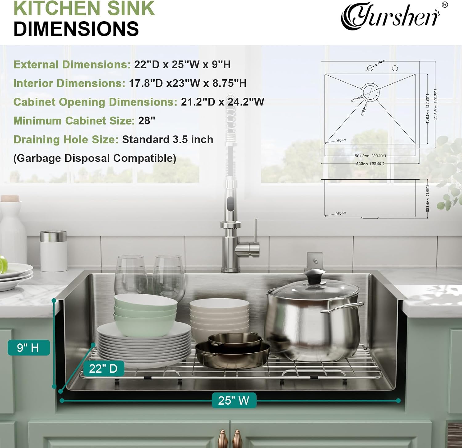 25 Inch Drop In Kitchen Sinks, 25'x22'x9' Topmount Stainless Steel Kitchen Sinks 16 Gauge 304 Drop Single Bowl Sink Basin R10 Corners, YST341