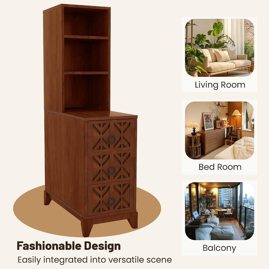 Wood Tall Nightstand with Charging Station, 47.2' Tall End Table with 3 Storage Drawers and 2 Open Shelves, Narrow Slim Sofa Side Table for Small Spaces, Living Room, Bedroom,Corner, Walnut