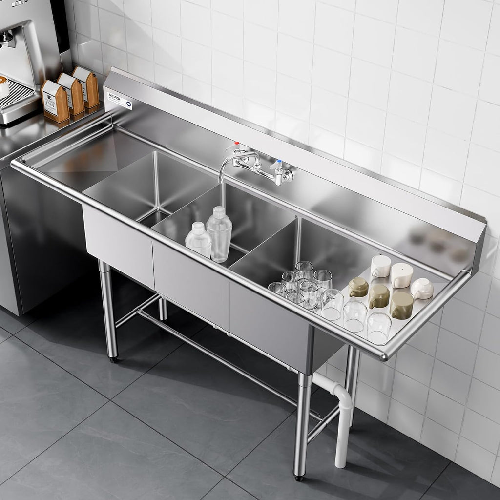 VEVOR 3 Compartment Sink, 18-Gauge 304 Stainless Steel, 14' x 16' x 11' Bowl Size, 3 Bay Commercial Kitchen Prep & Utility Sink with 2 Drainboards and Backsplash for Restaurant, Food Truck & Home Use