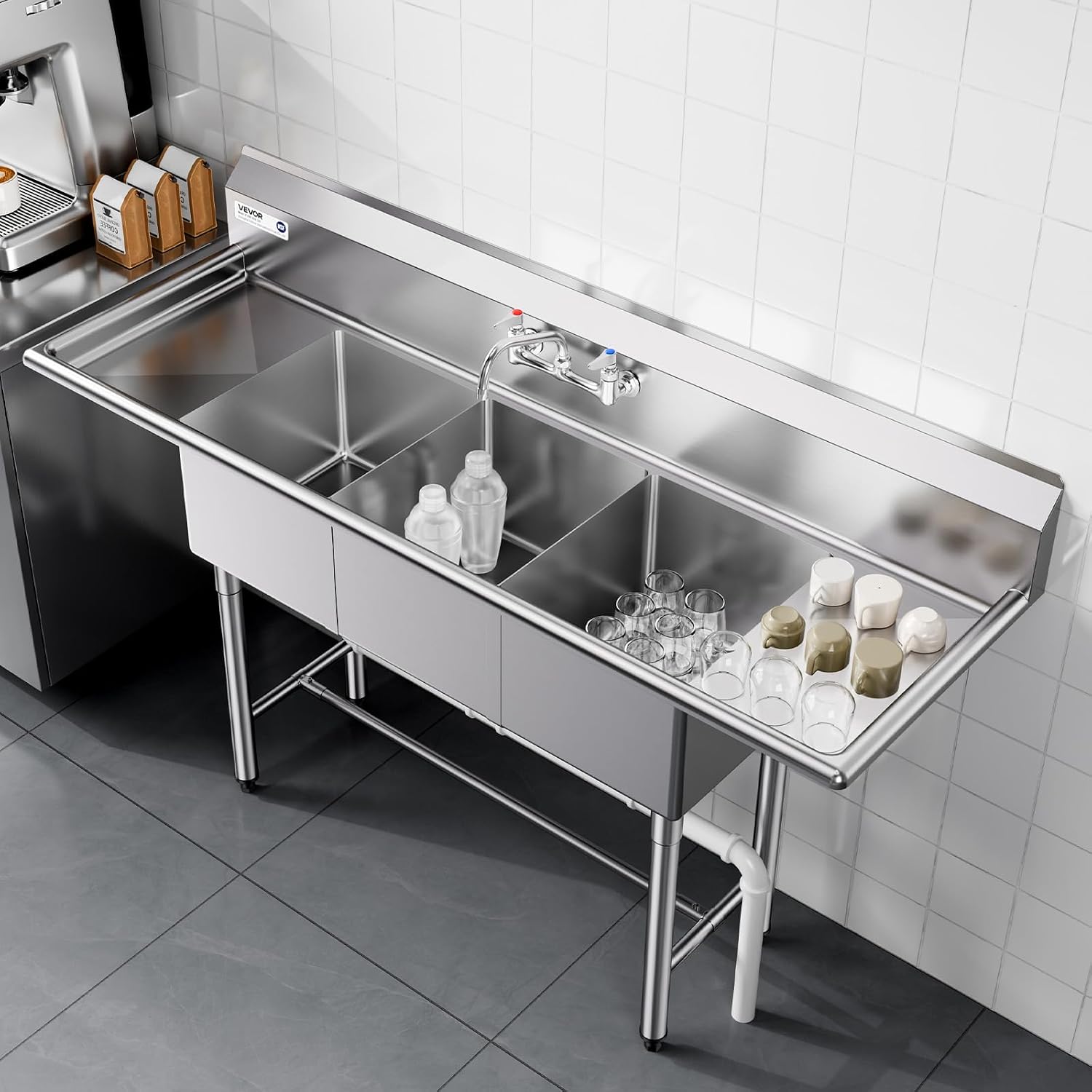 VEVOR 3 Compartment Sink, 18-Gauge 304 Stainless Steel, 14' x 16' x 11' Bowl Size, 3 Bay Commercial Kitchen Prep & Utility Sink with 2 Drainboards and Backsplash for Restaurant, Food Truck & Home Use