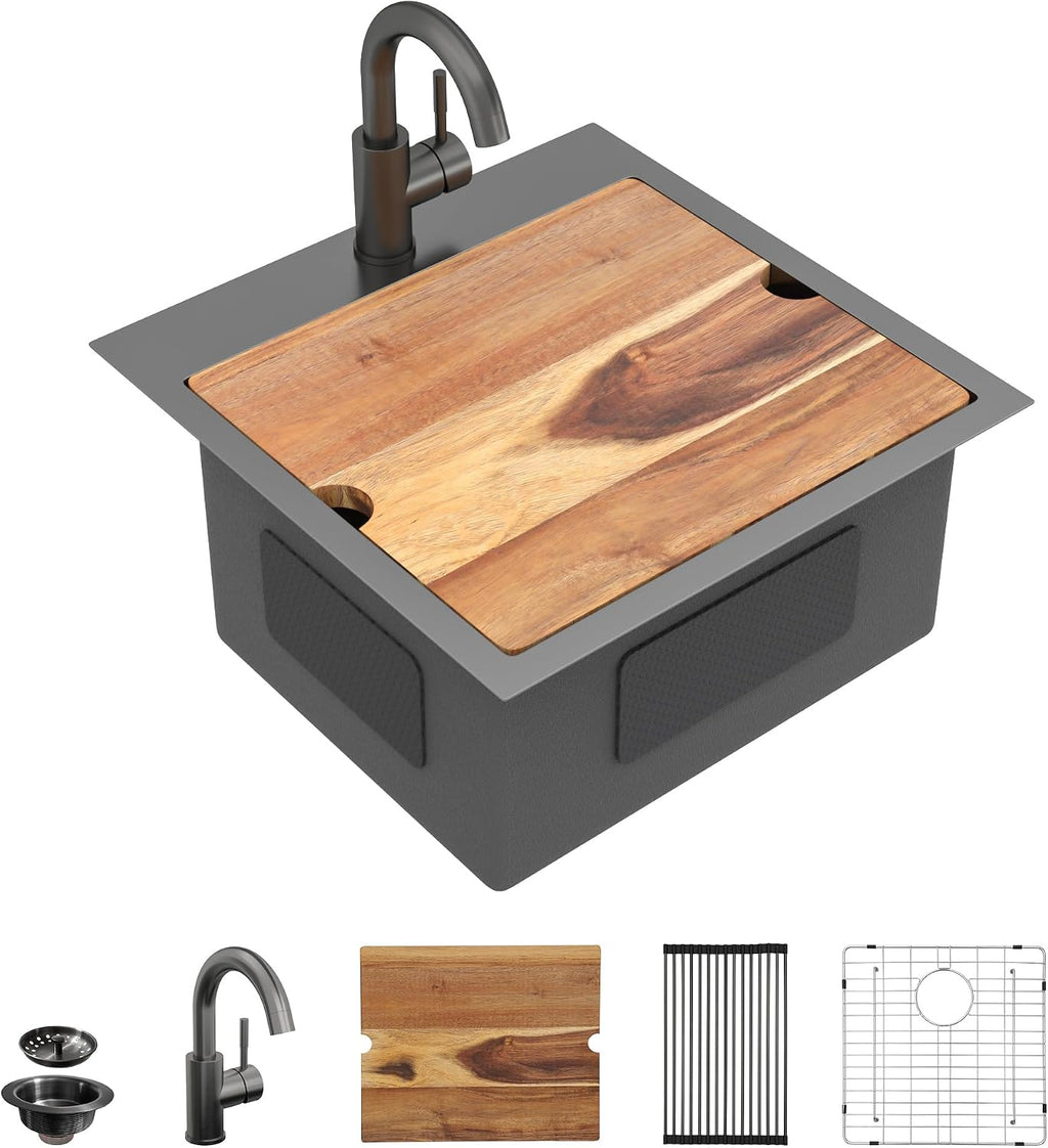 18'x18' Drop In Bar Prep Sink Workstation – Gunmetal Black NANO-PVD, 16 Gauge 304 Stainless Steel, Single Bowl Top Mount Wet Bar RV Outdoor Kitchen Sink with Faucet