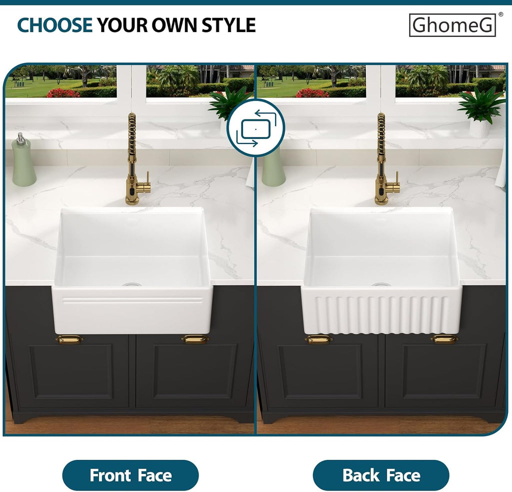 24 Inch White Farmhouse Sink - GhomeG 24 Inch White Fireclay Apron Front Kitchen Sink Single 10 Inch Deep Ceramic Farm Farmer Style Basin 24x18x10