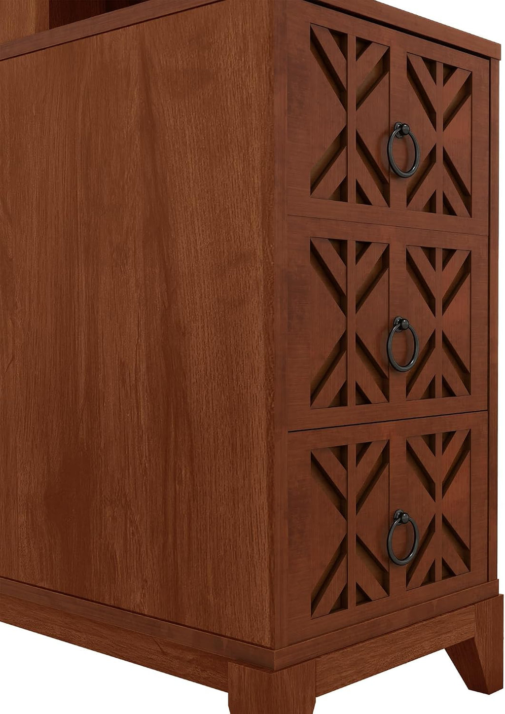 End Table with 3 Drawers & 4 Adjustable Shelves,Corner Table with USB & AC Charge Station,X-Shaped Carved Front,Solid Wood Frame,Tall Narrow Side Tables for Bedroom,Living Room,Small Space,Natural