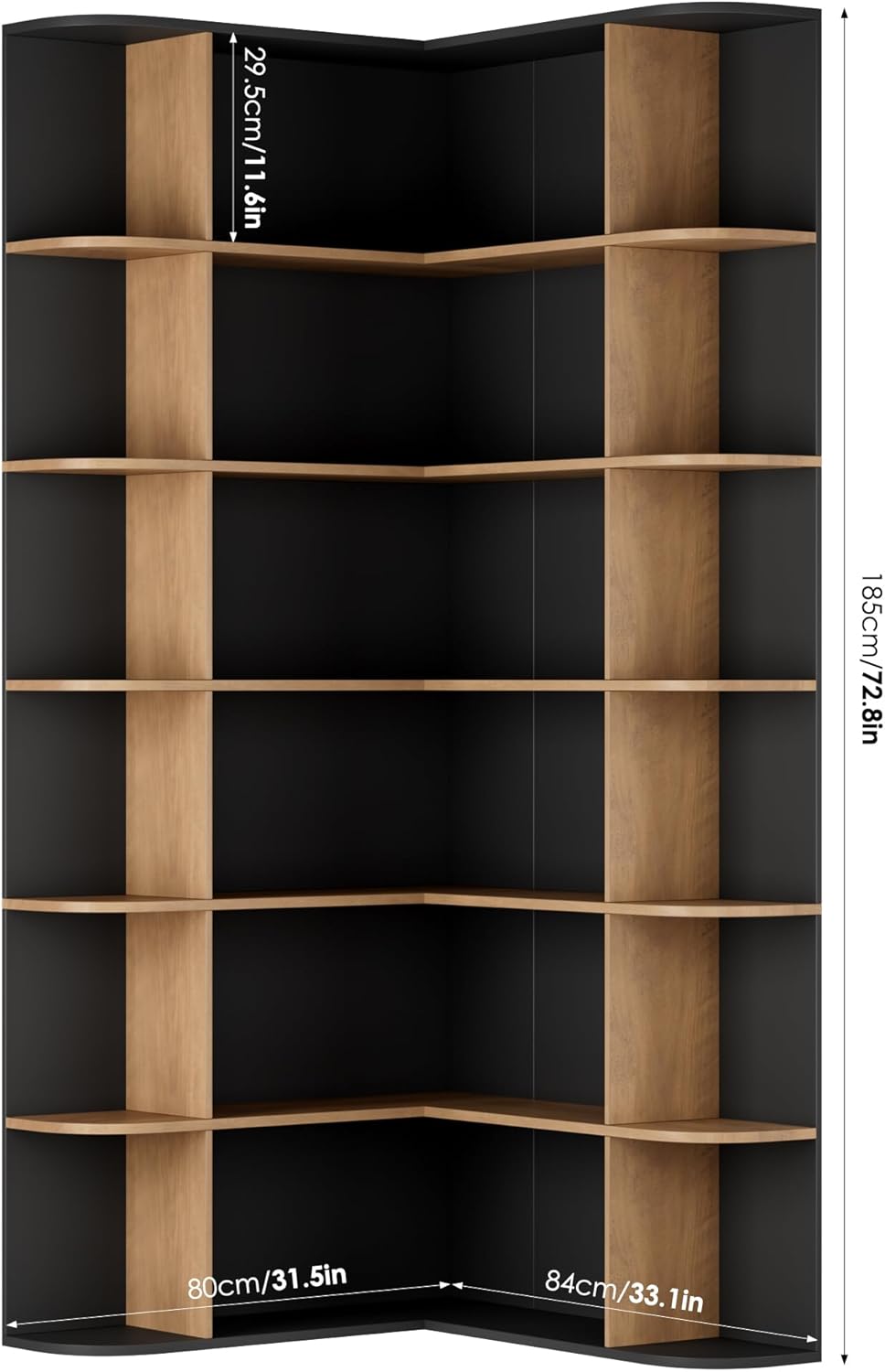 FOTOSOK 72' Tall Corner Bookshelf, 6-Tier Bookshelf and Bookcase with Open Storage, Tall Bookcases Wooden Storage Shelves for Home Office, Thickened Boards for Better Load Bearing, Black/Brown