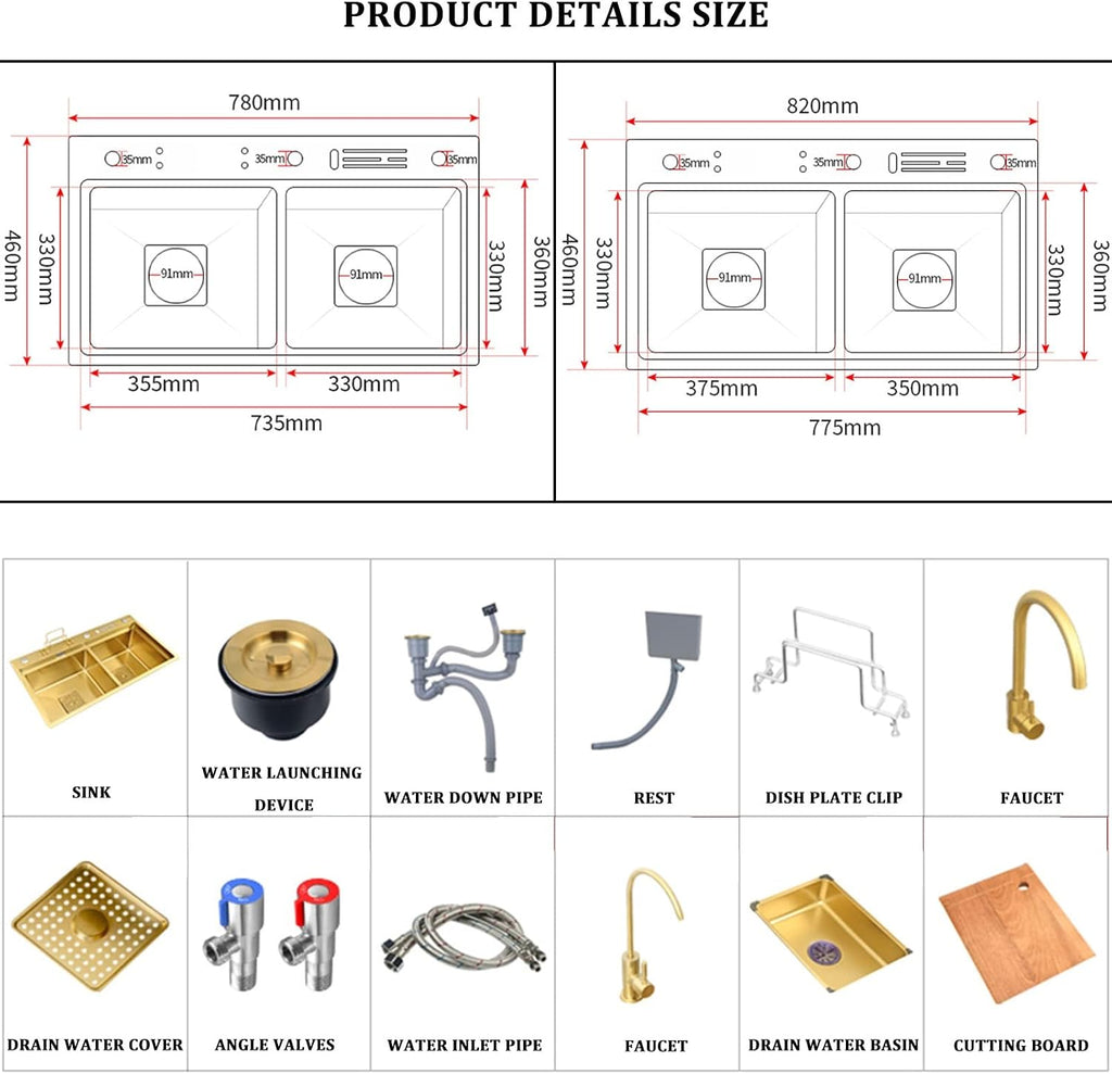 304 Stainless Steel Room Kitchen Sink Gold Double Bowl Bar Prep Sink Multi-Purpose RV Sink with Faucet and Drain Assembly Drop in Or Under Mount (Color : Gold-h, Size : 82x46x24cm) (Goldb 82x46x2