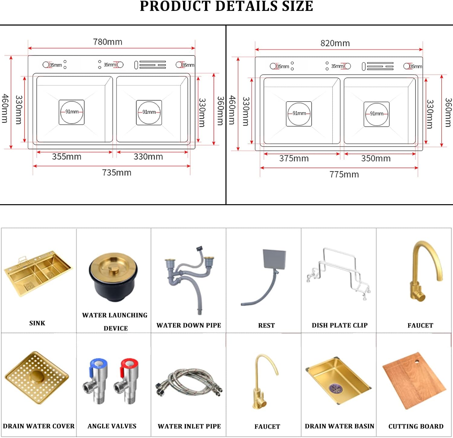 304 Stainless Steel Room Kitchen Sink Gold Double Bowl Bar Prep Sink Multi-Purpose RV Sink with Faucet and Drain Assembly Drop in Or Under Mount (Color : Gold-h, Size : 82x46x24cm) (Goldb 82x46x2