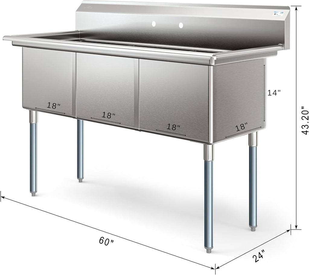 KoolMore 60 in. Three Compartment 18-Gauge Stainless-Steel NSF Commercial Kitchen Sink, Bowl Size 18x18x14, with Three Basins and Pre-Drilled Faucet Holes for Restaurants and Cafes (KM-SC181814-N3)