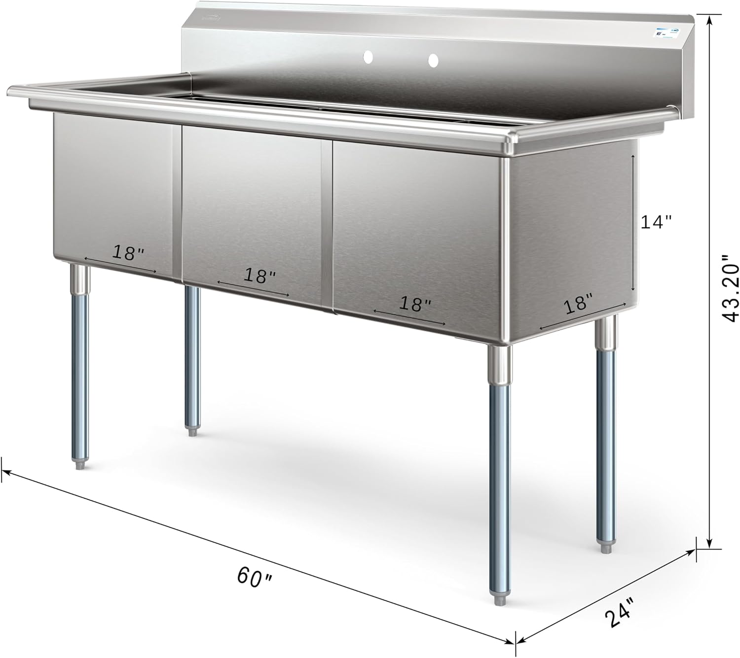 KoolMore 60 in. Three Compartment 18-Gauge Stainless-Steel NSF Commercial Kitchen Sink, Bowl Size 18x18x14, with Three Basins and Pre-Drilled Faucet Holes for Restaurants and Cafes (KM-SC181814-N3)