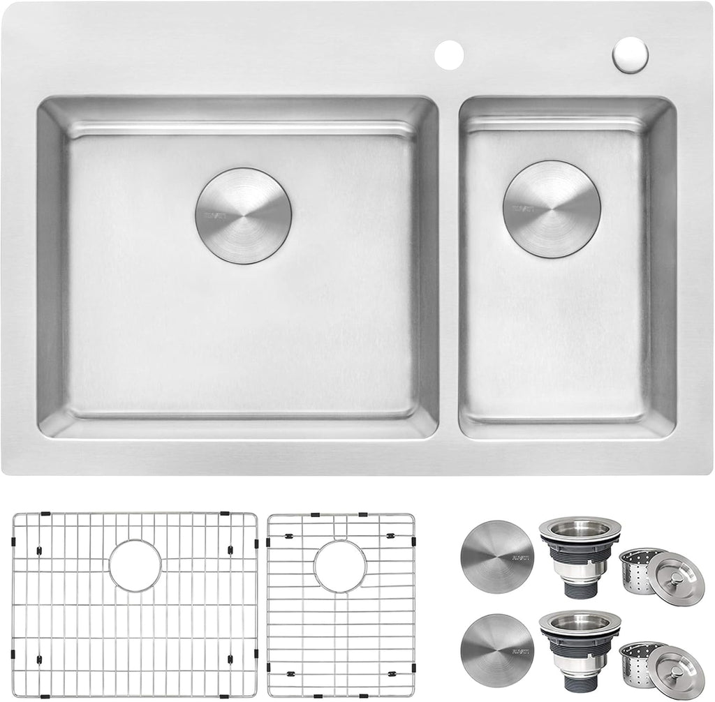Ruvati 33 x 22 inch Drop-in Topmount Kitchen Sink 16 Gauge Stainless Steel 70/30 Double Bowl - RVM5173