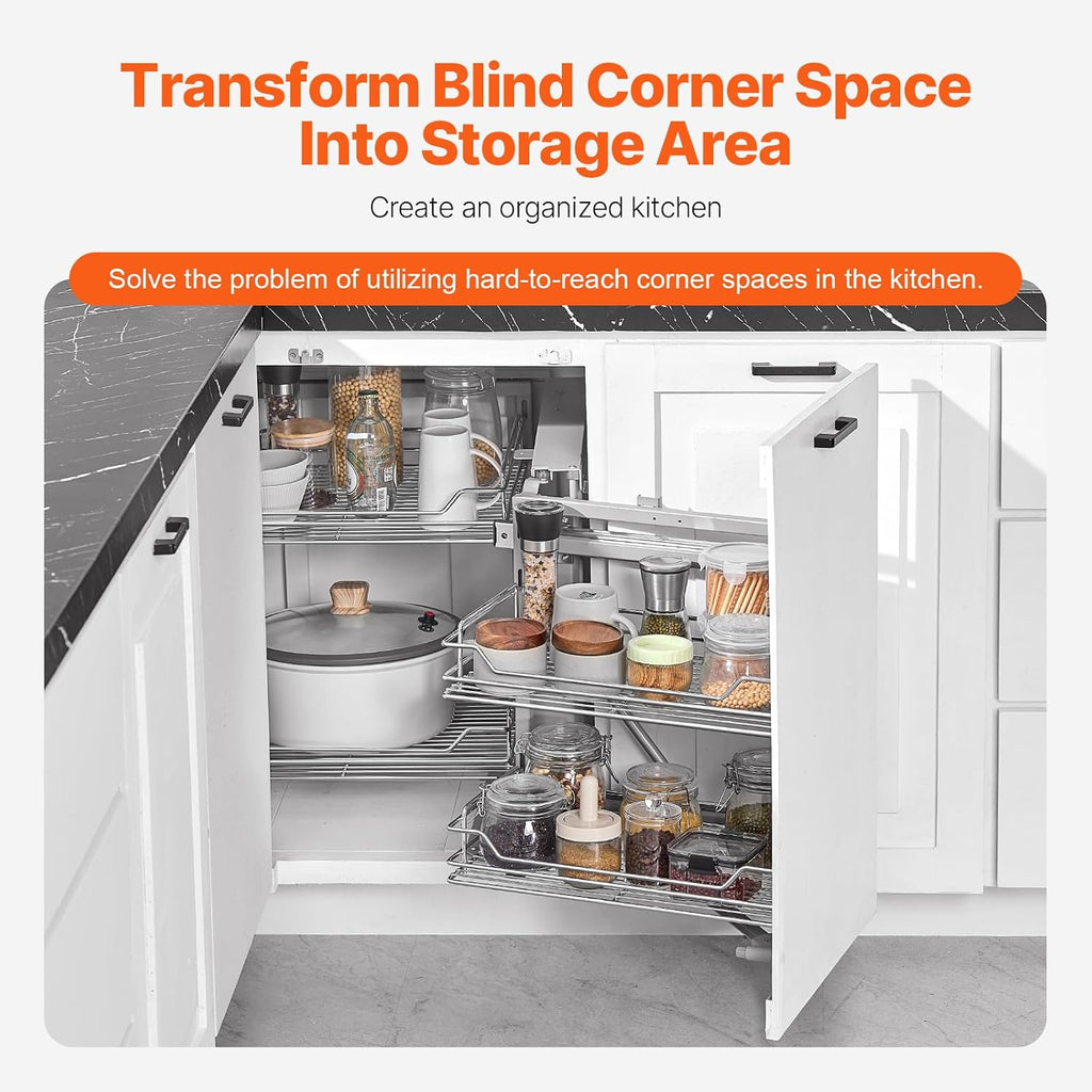 VEVOR 18' W Opening Blind Corner Pull Out Organizer, 2 Tier 4 Shelf Kitchen Cabinet Organizer, Magic Chrome Carbon Steel Storage Basket, Slide Out Storage Organizer, Left & Right Open Compatible