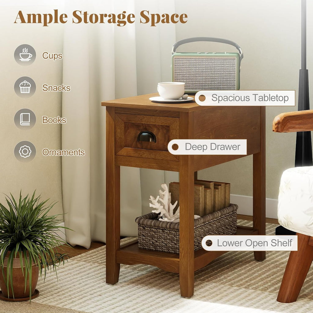 Giantex End Table with Drawer, Retro Narrow Side Table, Nightstand with Solid Wood & Storage Shelf, Bedside Table for Living Room Bedroom Small Space Home Office (2, Tawny)