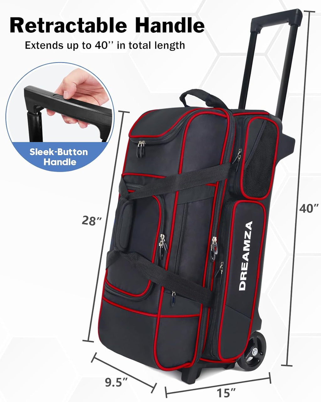3 Ball Bowling Bags with Wheels & Shoe Pocket, Premium Bowling Ball Bag 3 Ball Roller, Effortless-Rolling 3 Ball Bowling Bag w/Multi-Storage Pockets & Telescopic Handle Extends to 40''