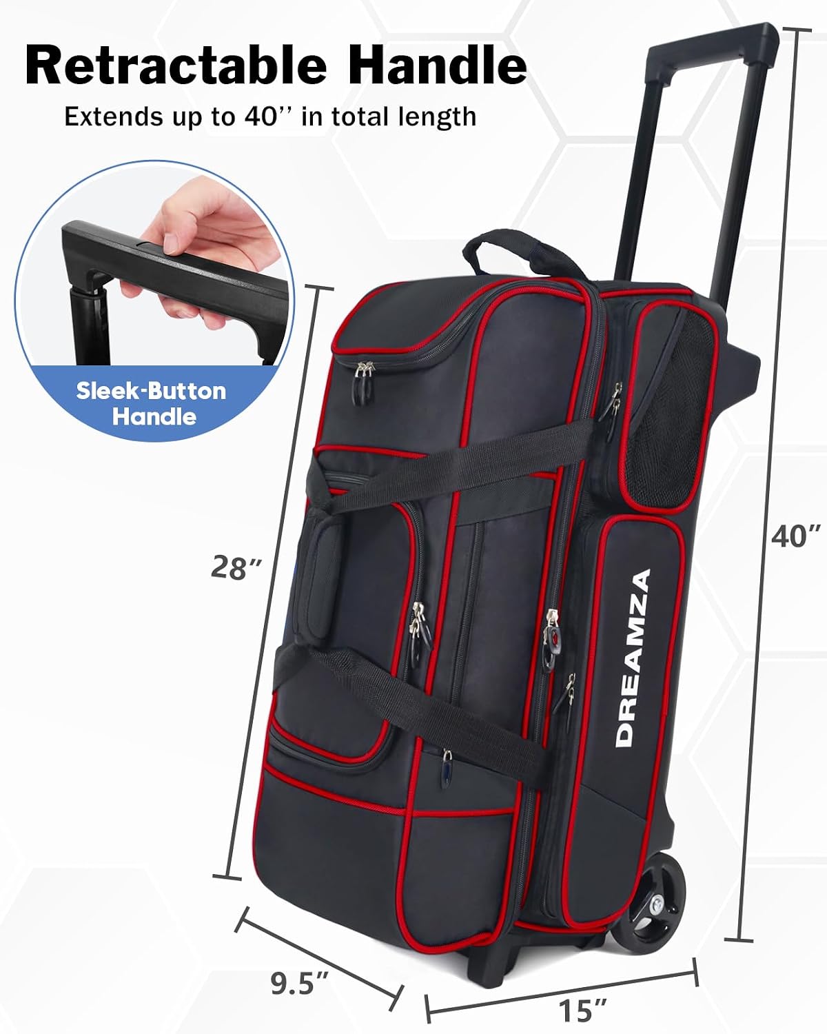 3 Ball Bowling Bags with Wheels & Shoe Pocket, Premium Bowling Ball Bag 3 Ball Roller, Effortless-Rolling 3 Ball Bowling Bag w/Multi-Storage Pockets & Telescopic Handle Extends to 40''