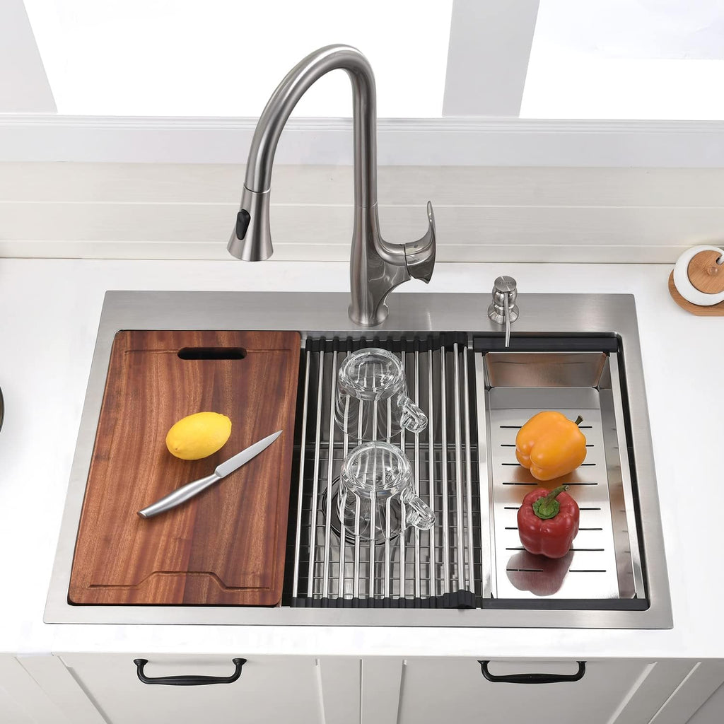 30 Inch Drop In Kitchen Sink - VOKIM 30 x22 Inch Drop In/Topmount Sink Workstation 16 Gauge Stainless Steel 10'' Deep Handmade Kitchen Sink with Cutting Board& Strainer