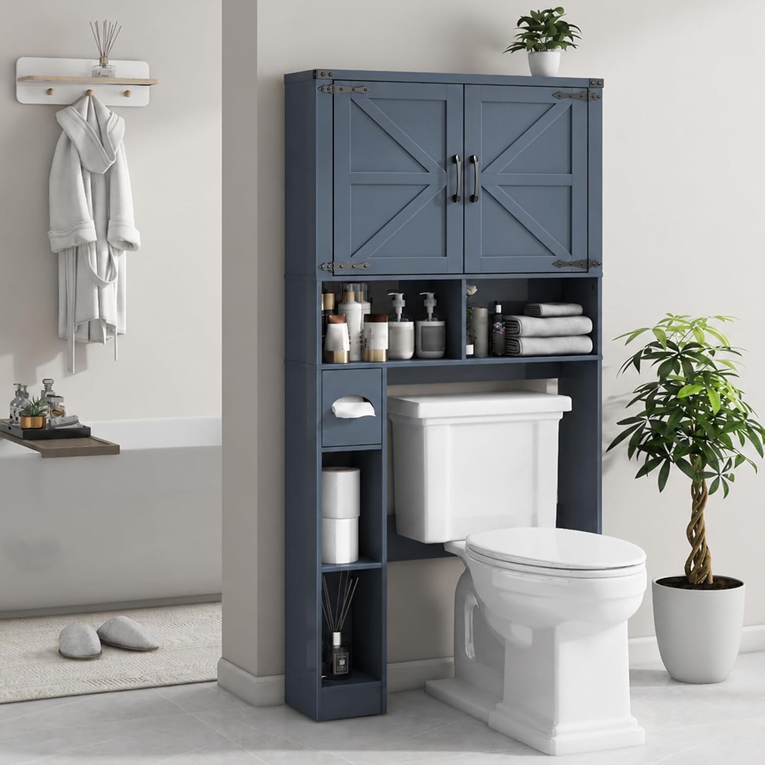Vabches Over The Toilet Storage Cabinet, Farmhouse Storage Cabinet Over Toilet with 2 Barn Doors & Toilet Paper Holder Stand，Home Space-Saving Toilet Rack, for Laundry, Restroom, Bathroom.Blue