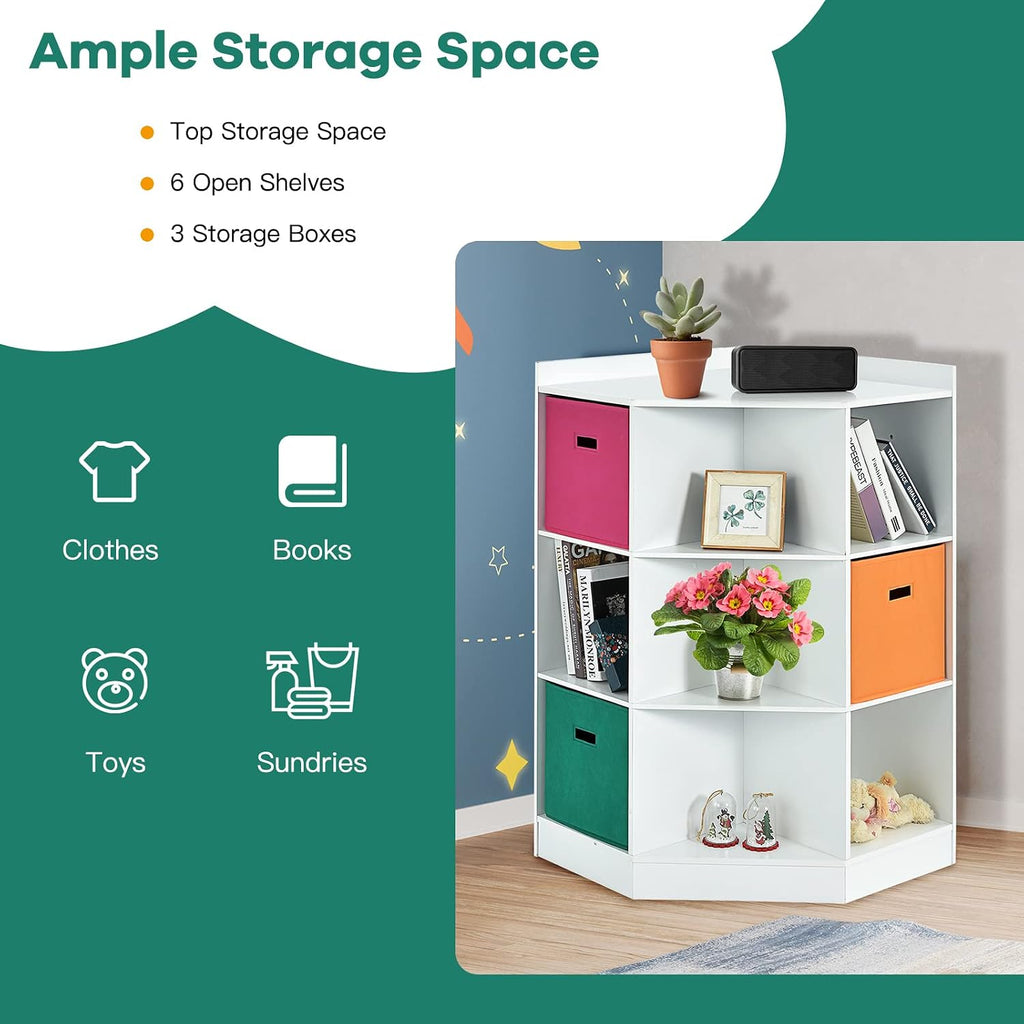 Costzon 9-Cubby Kids Bookcase with Large Storage Drawers, Children's Corner Cabinet with 6 Cubes and 3 Shelves, Wooden Storage Sideboard Suitable for Kids Room Playroom Classroom (White)