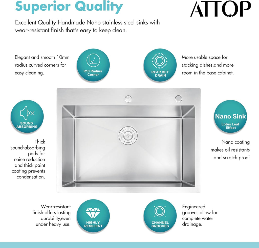 ATTOP 30 Inch Drop in Large Single Bowl Kitchen Sink, Nano Coating Stainless Steel Handmade Single Bowl Topmount Kitchen Sink