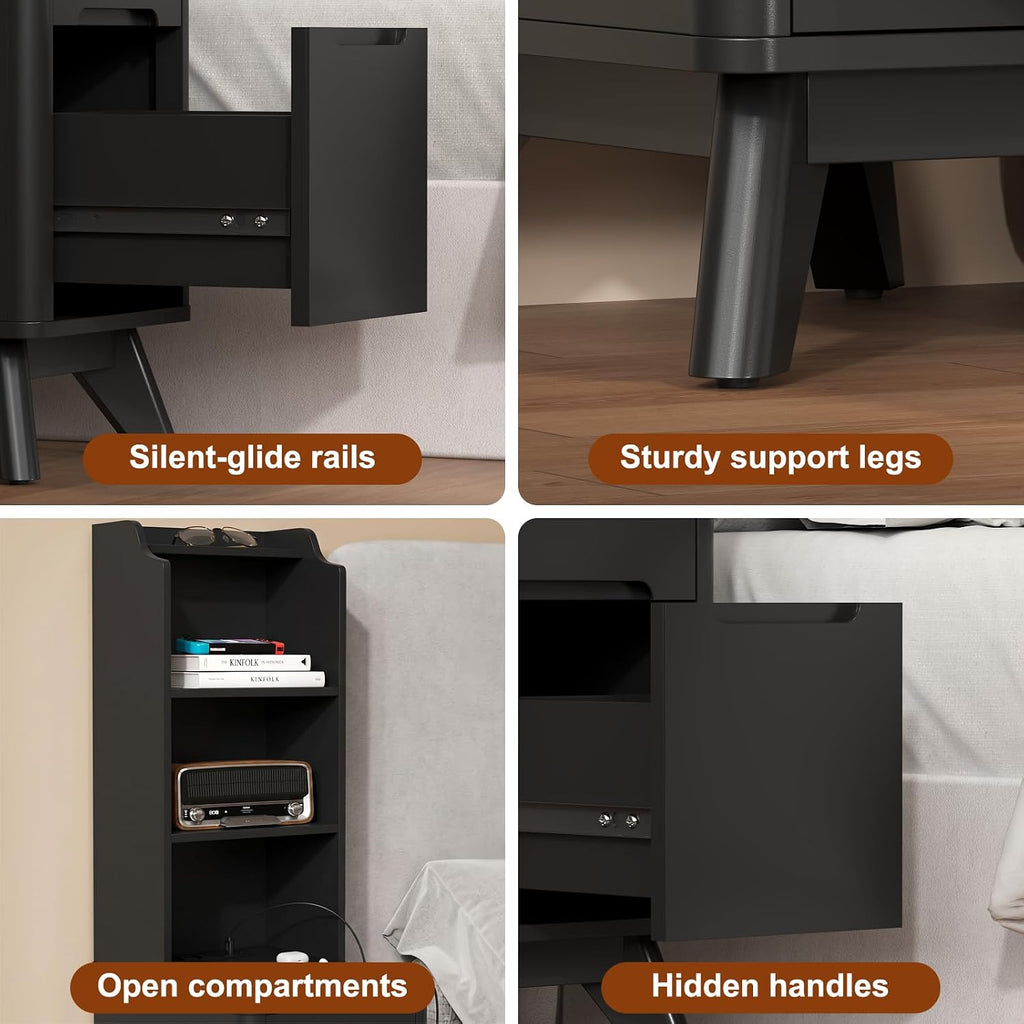 Tall Nightstand with Charging Station, Narrow Side Table with Bookshelf, 47' Tall Free Standing Wooden Night Stand with 2 Drawers and 4 Open-Shelves, Modern End Bedside Table for Bedroom, Black