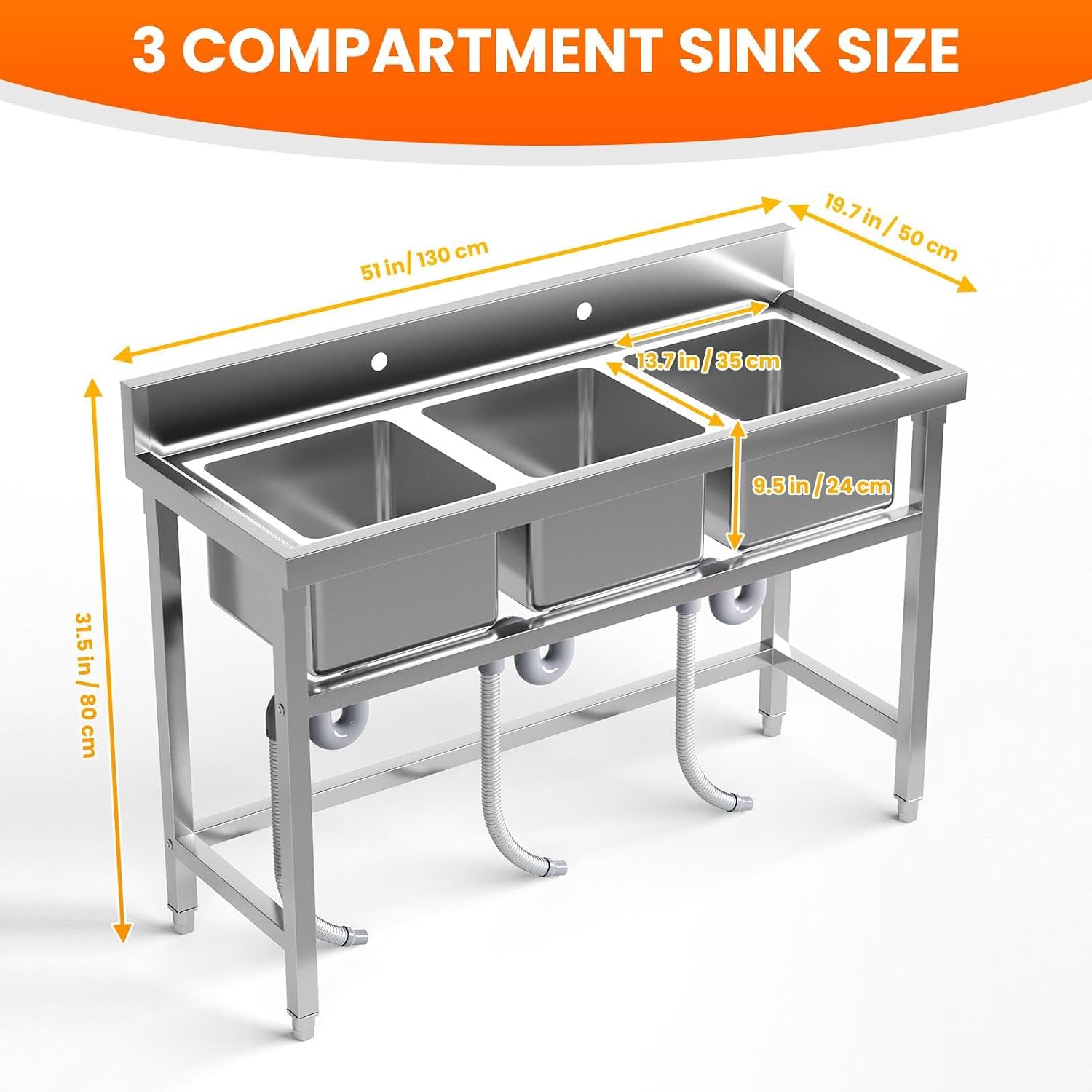 Stainless Steel Sinks, Freestanding Utility Sink with Triple Bowl and Laundry Sink Features for Multi-Purpose Use, 47.3'W x 18.5'D x 33.6'H