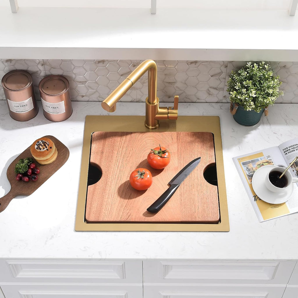 21x20 Inch Drop In Bar Sink - 16 Gauge Gold Stainless Steel Small Kitchen Sink, 10' Deep Single Bowl Workstation Sinks with Accessories for RV, Outdoor Kitchen & Wet Bar