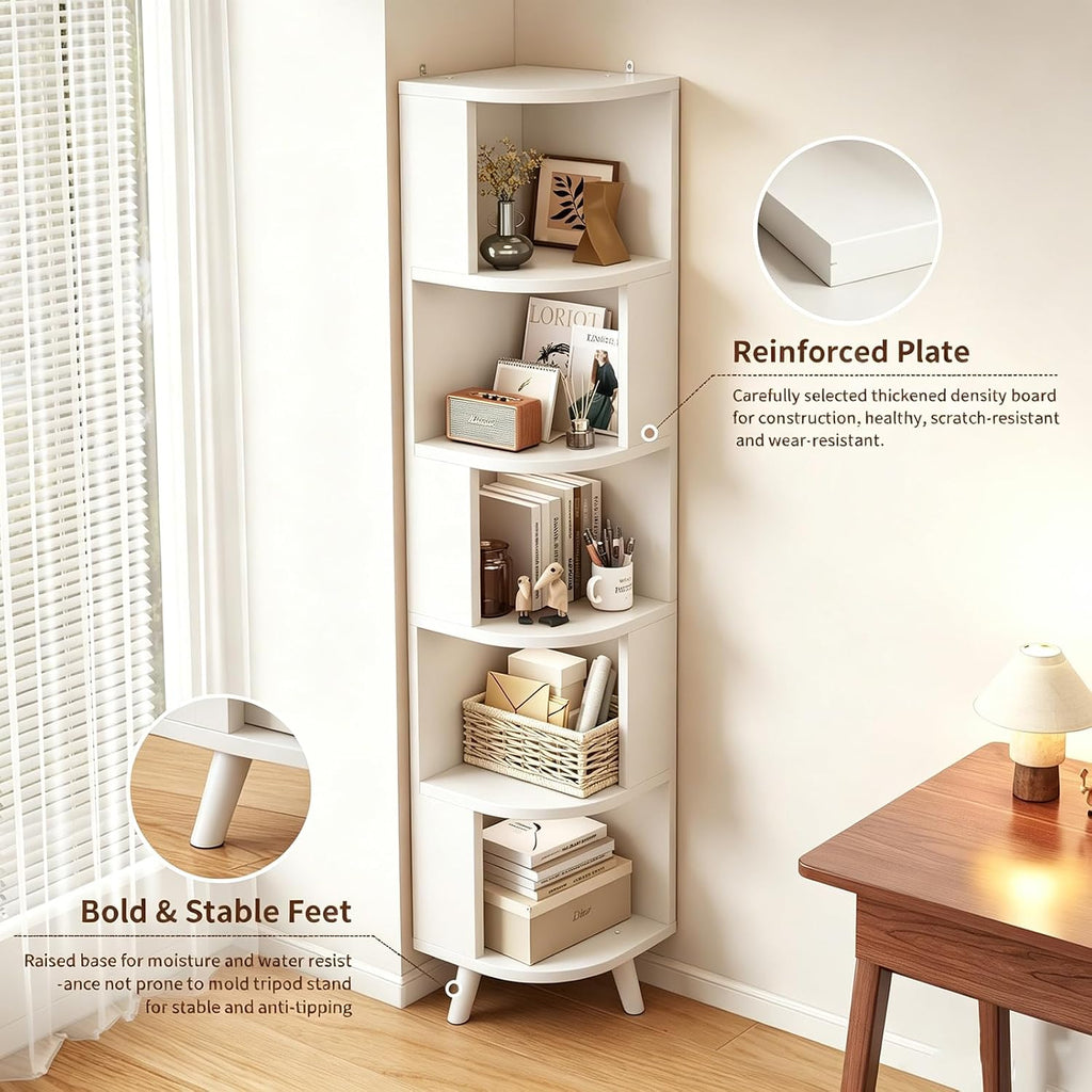 5-Tier Corner Shelf, Tall Modern Corner Bookshelf, 5 Shelf Corner Bookcase with Baffle, Freestanding Wood Corner Display Storage Shelf Organizer for Living Room, Office (White)