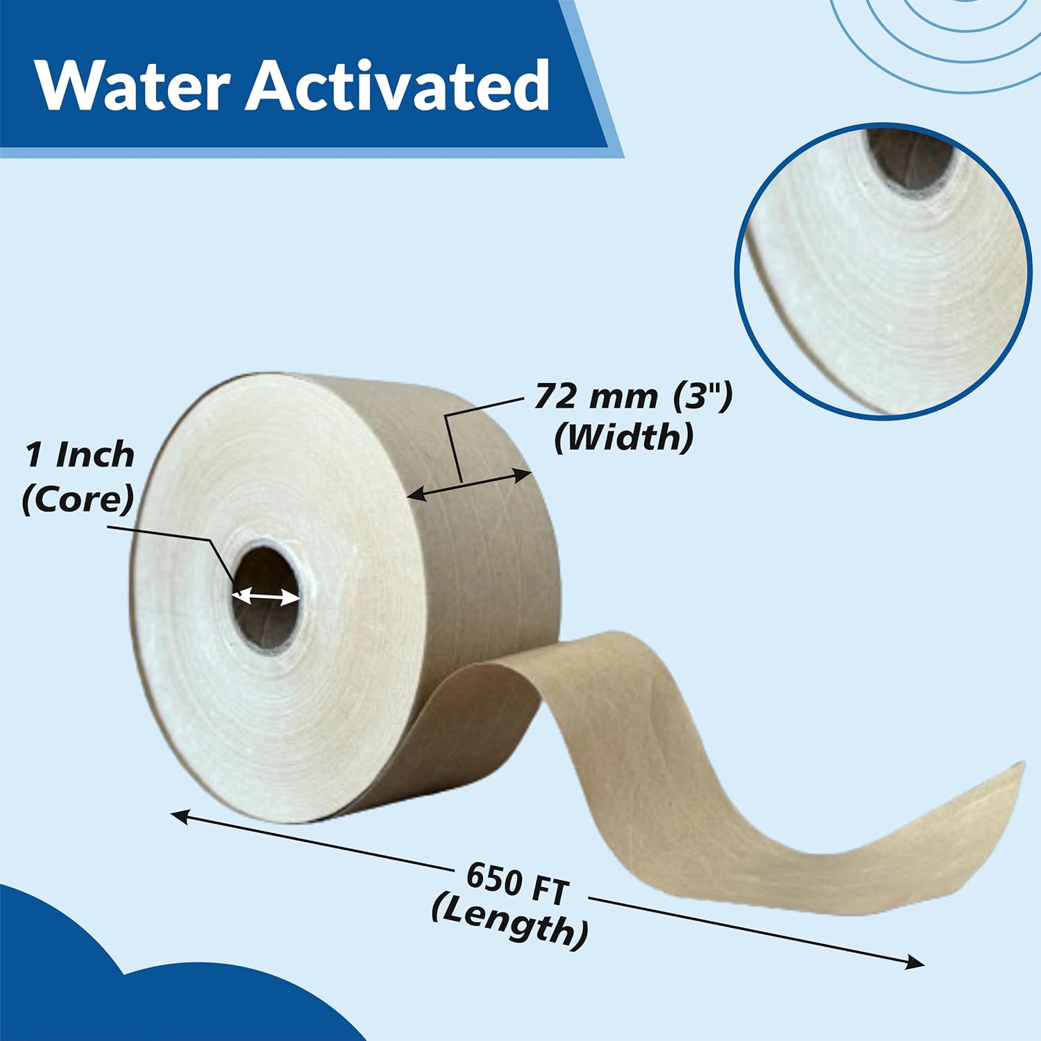 3'' x650 Feet Reinforced Water Activated Gummed Kraft Paper Tape, for Heavy Duty Secure Packing Shipping, Tamper Evident Gummed Tape, Brown - 10 Rolls