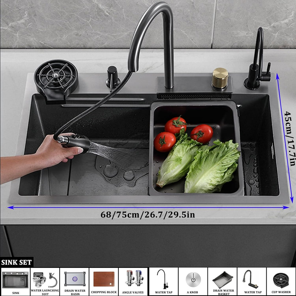 304 Stainless Steel Bar Sink Nano Single Bowl Kitchen Sink Multi-Function RV Sink with Faucet and Cup Washer Drop in Or Under Mount (Grey-68x45x21cm