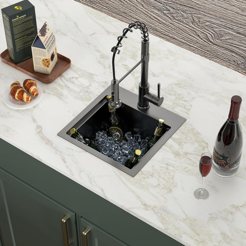 Logmey 15' Square Drop in Bar Sink,PVD Nano Gun Black 16 Gauge Stainless Steel,15x15x9 Workstation Sink for Kitchen Prep,RV,Wet Bar & Outdoor