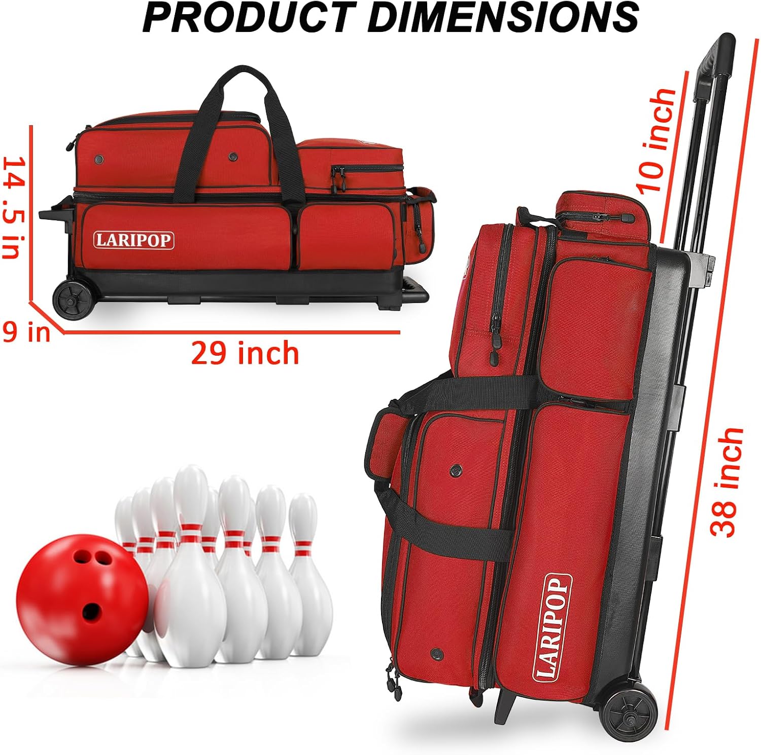 LARIPOP 3 Ball Bowling Bag with Wheels and Shoe Compartment, Rolling Bowling Bag for 3 Balls, Heavy Duty Bowling Roller Bag with Retractable Handle for Men Women