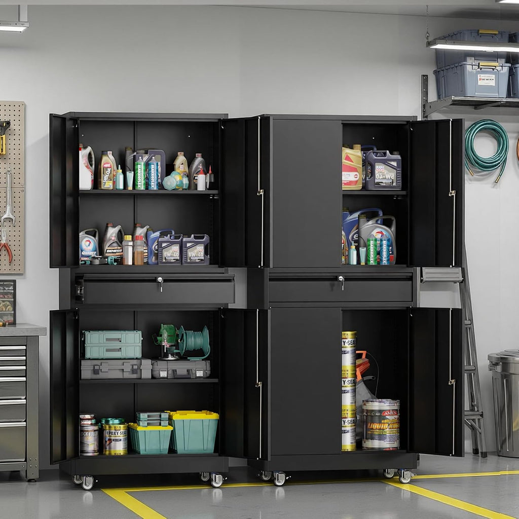 VINGLI 4 Doors & 1 Drawer Metal Storage Cabinet with Locking Wheels & Adjustable Shelves, Lockable Tool Storage Cabinet, Heavy-Duty Garage Storage Cabinet for Home, Garage, Workshop, Office (Black)