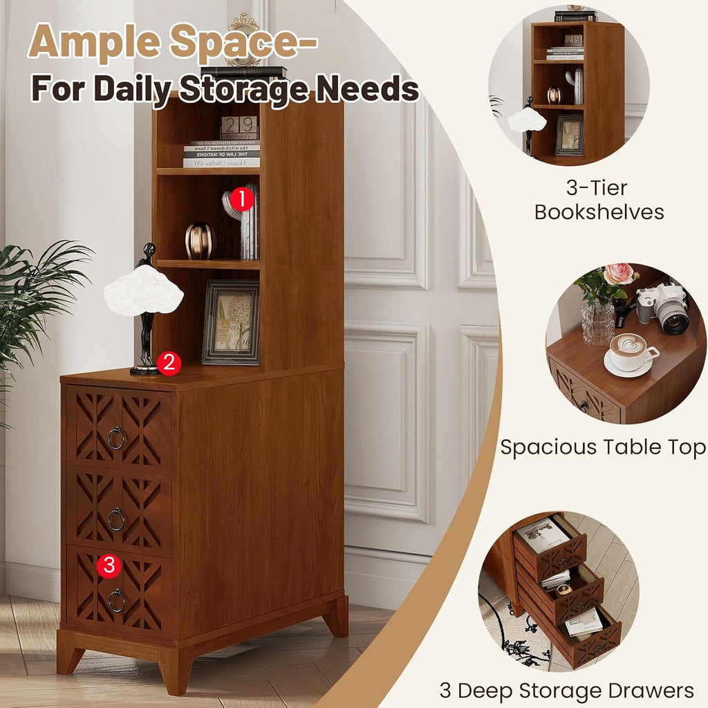 Wood Tall Nightstand with Charging Station, 47.2' Tall End Table with 3 Storage Drawers and 2 Open Shelves, Narrow Slim Sofa Side Table for Small Spaces, Living Room, Bedroom,Corner, Walnut