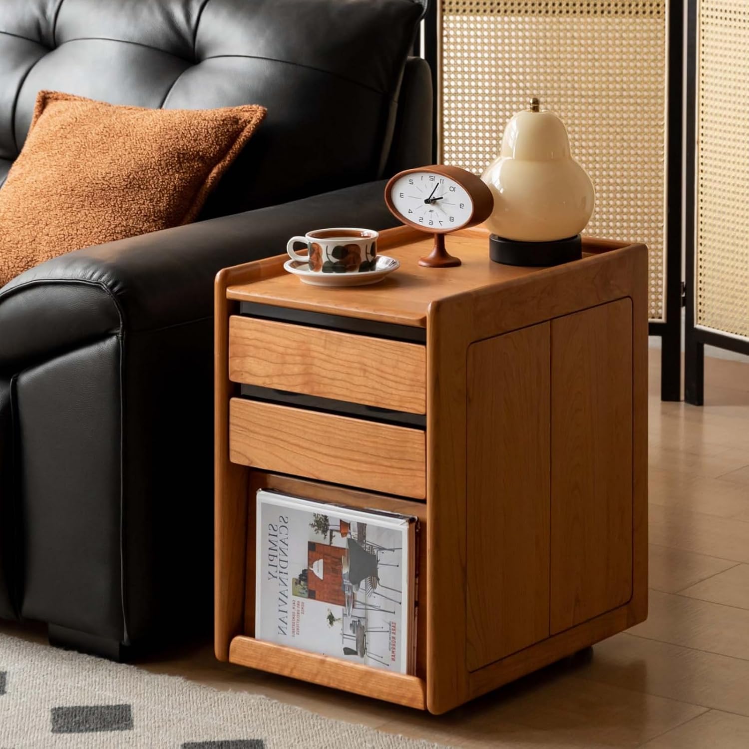 YESWOOD Solid Cherry Wood Side Table with Wheels, Narrow Side Tables with Storage Drawers, Rolling Wood Nightstand for Bedroom Living Room Study(Cherry Color, 22.76' H)