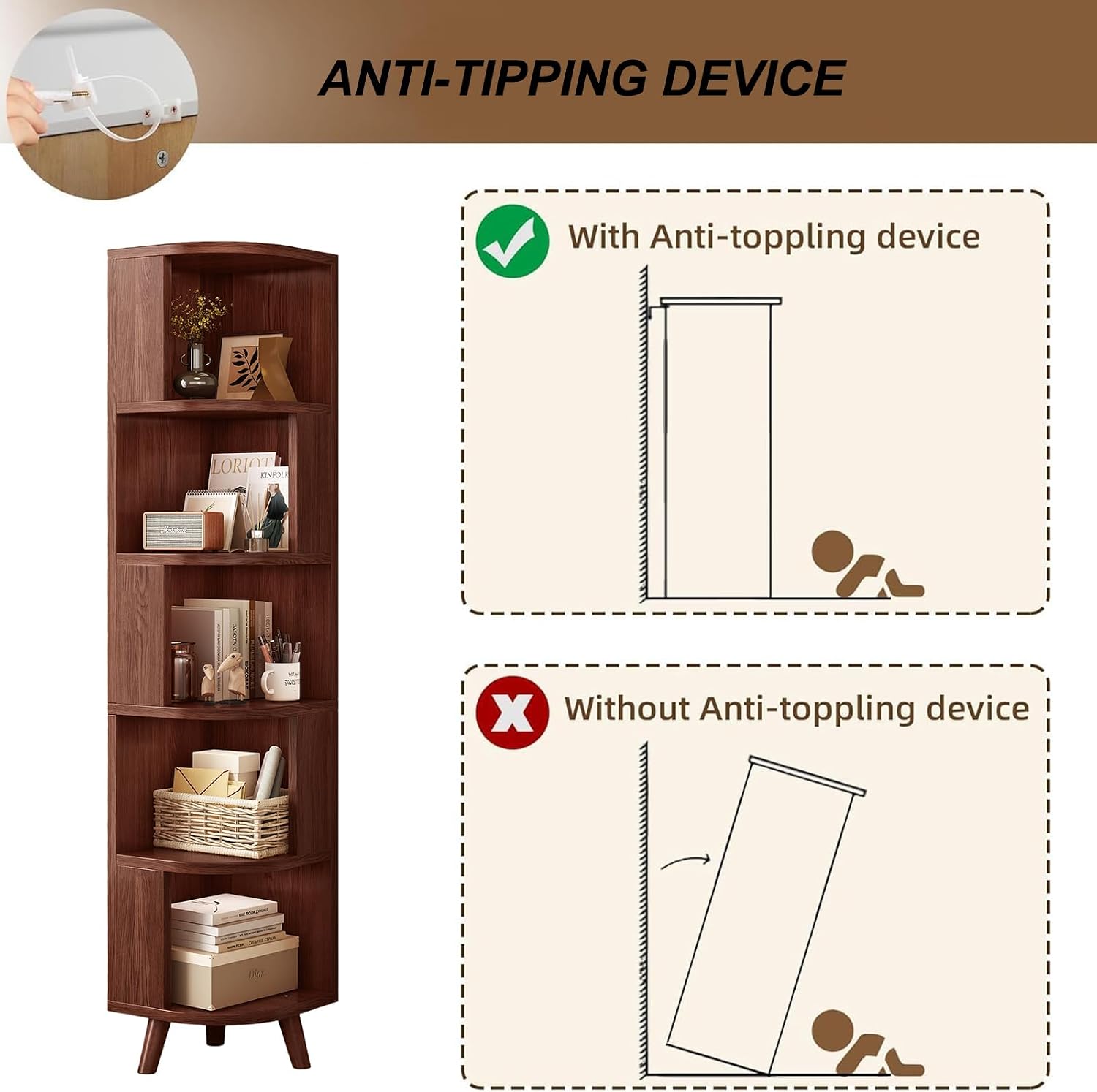 5-Tier Corner Shelf, Tall Modern Corner Bookshelf, 5 Shelf Corner Bookcase with Baffle, Freestanding Wood Corner Display Storage Shelf Organizer for Living Room, Office (Walnut)