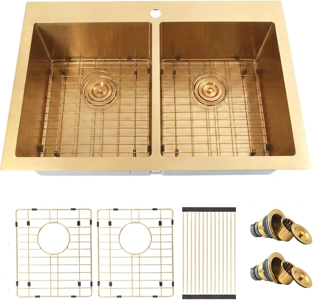 Gold Kitchen Sink,33 X 22 inch Drop in Kitchen Sinks Double Bowl,16 Gauge Stainless Steel 50/50 Double Sink,Top Mount/Drop In Double Kitchen Sink 33 inch