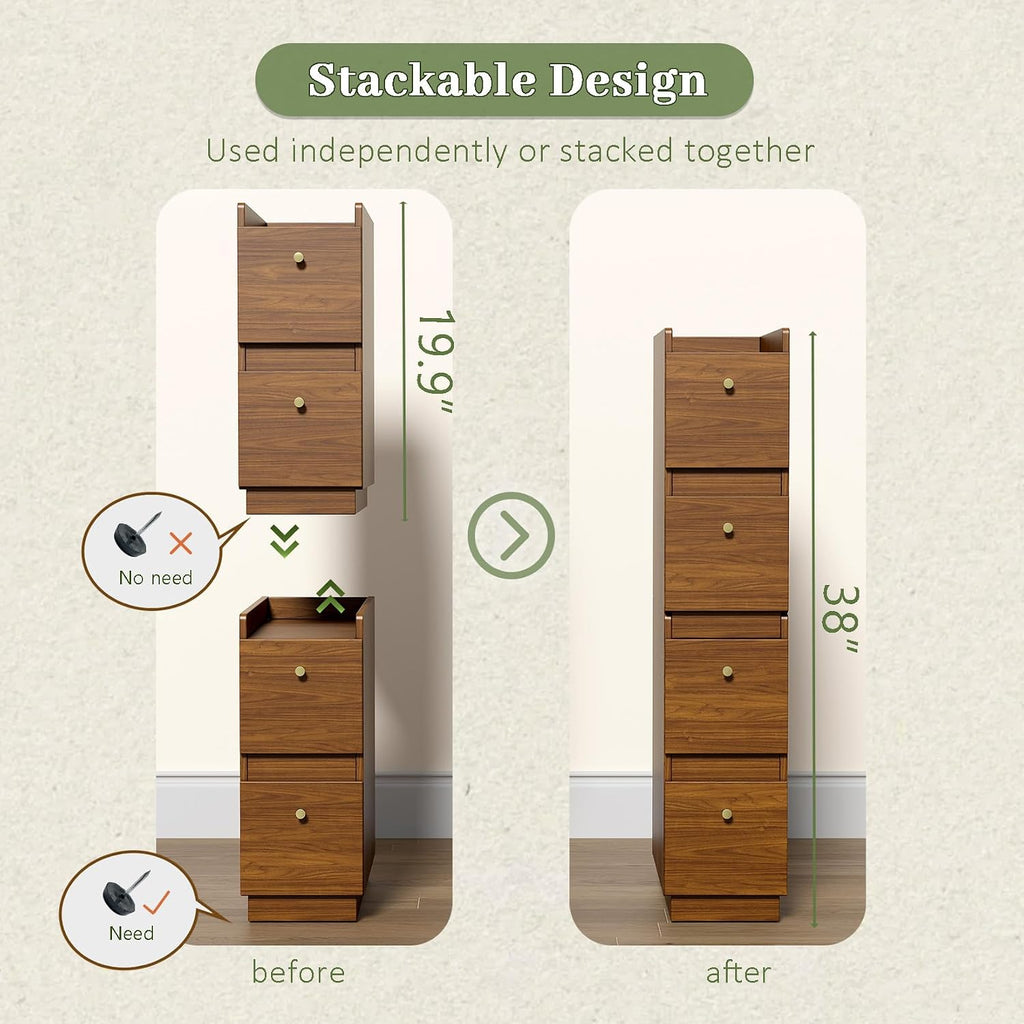 Narrow Night Stands, Modern Slim Nightstand Set of 2, Wooden Skinny Bedside Table 2 Drawers, Stackable Narrow Side Table with Drawers for Small Spaces, Bedroom, Living Room, Walnut Brown